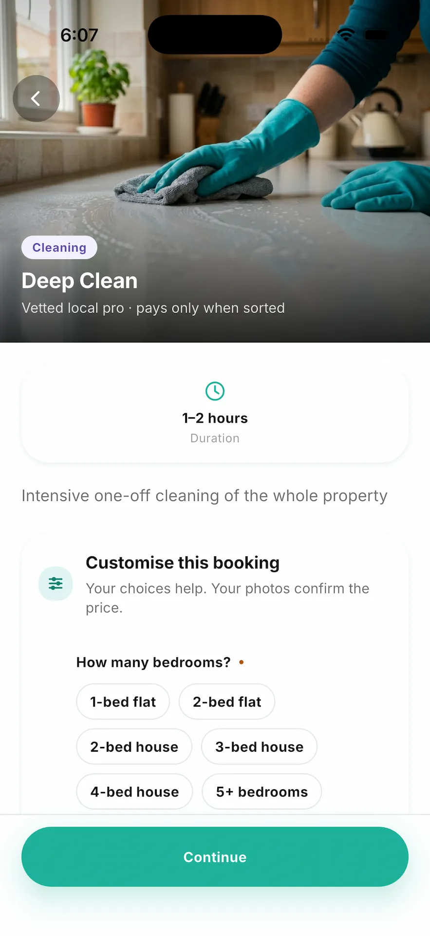 NasGo app Deep Clean booking screen with duration, description and a bedroom-count picker